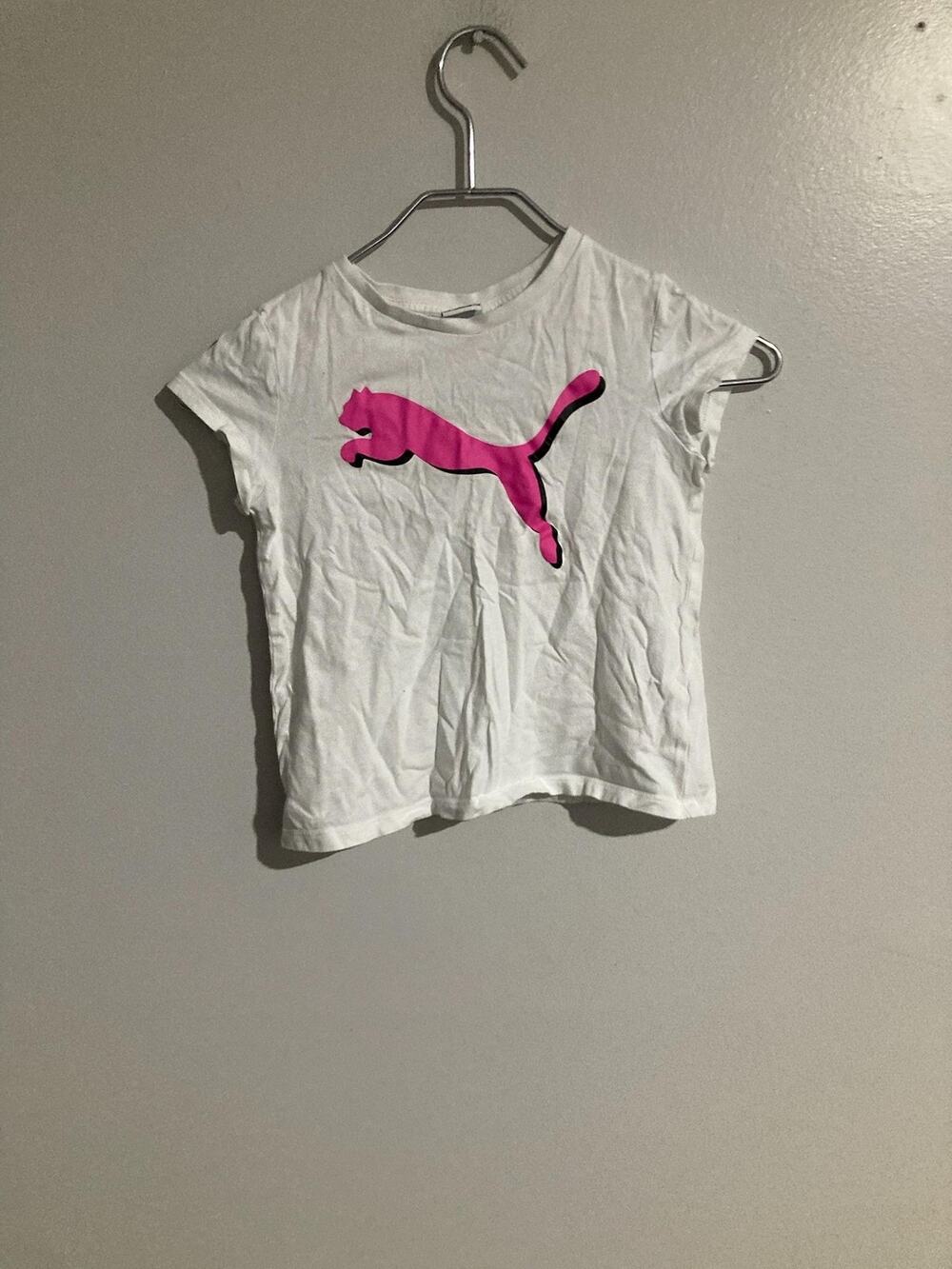 Puma Shirt Kids XS White Pink Logo Graphic Crew Neck Short Sleeve Lightweight